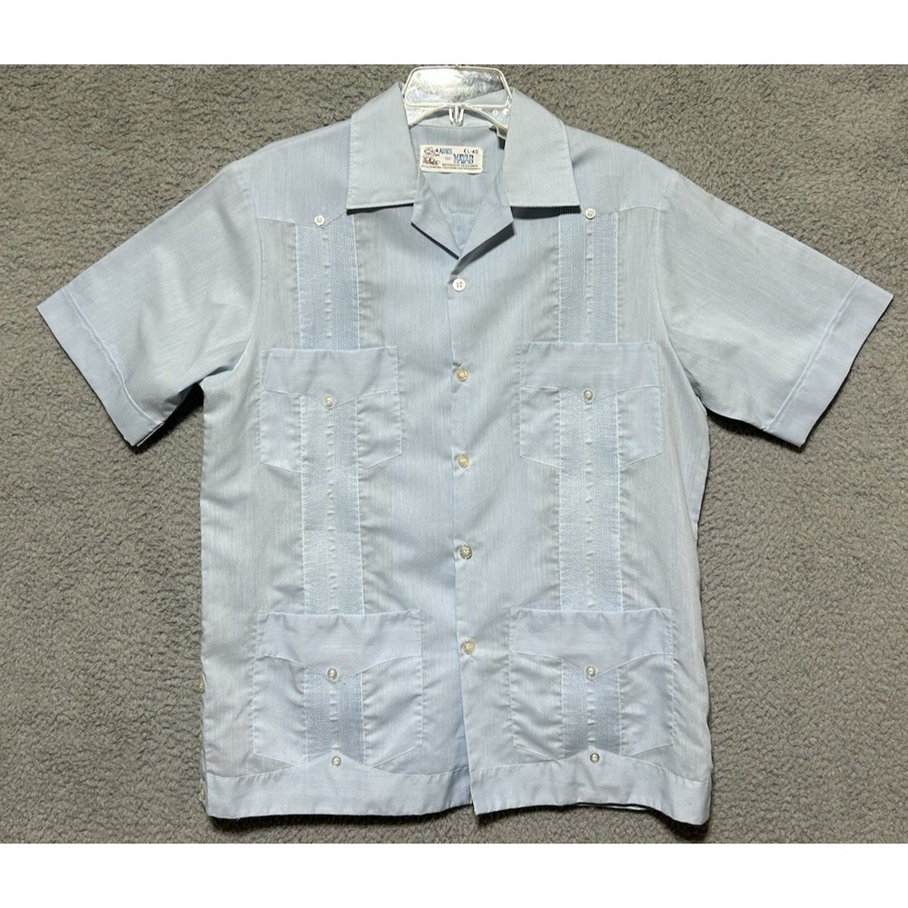 Vintage Aires Del Mayab Shirt Mens 40  Blue Guayabera Embroidered Mexico Sz L